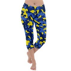 Blue And Yellow Camouflage Pattern Lightweight Velour Capri Yoga Leggings by SpinnyChairDesigns