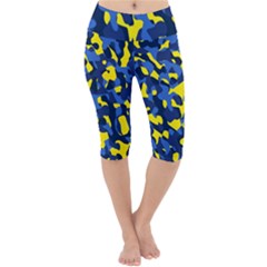 Blue And Yellow Camouflage Pattern Lightweight Velour Cropped Yoga Leggings by SpinnyChairDesigns