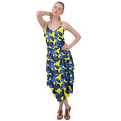 Blue And Yellow Camouflage Pattern Layered Bottom Dress by SpinnyChairDesigns