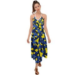 Blue And Yellow Camouflage Pattern Halter Tie Back Dress  by SpinnyChairDesigns