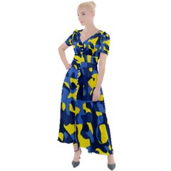 Blue And Yellow Camouflage Pattern Button Up Short Sleeve Maxi Dress by SpinnyChairDesigns