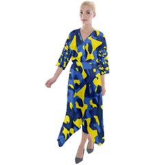 Blue And Yellow Camouflage Pattern Quarter Sleeve Wrap Front Maxi Dress by SpinnyChairDesigns