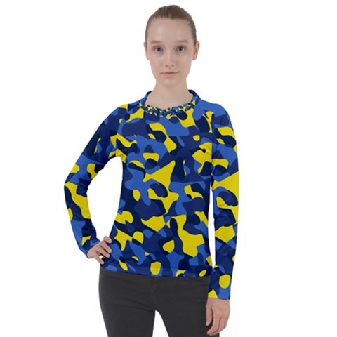 Blue And Yellow Camouflage Pattern Women s Pique Long Sleeve Tee by SpinnyChairDesigns