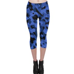 Black And Blue Camouflage Pattern Capri Leggings  by SpinnyChairDesigns