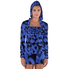 Black And Blue Camouflage Pattern Long Sleeve Hooded T-shirt by SpinnyChairDesigns