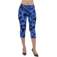 Black And Blue Camouflage Pattern Lightweight Velour Capri Leggings  by SpinnyChairDesigns