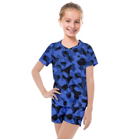 Black And Blue Camouflage Pattern Kids  Mesh Tee And Shorts Set by SpinnyChairDesigns