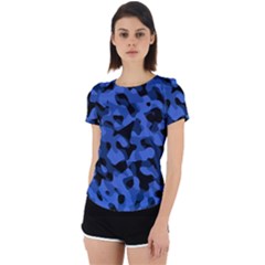 Black And Blue Camouflage Pattern Back Cut Out Sport Tee by SpinnyChairDesigns