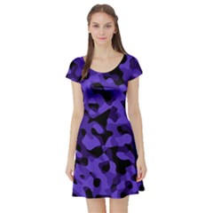 Purple Black Camouflage Pattern Short Sleeve Skater Dress by SpinnyChairDesigns