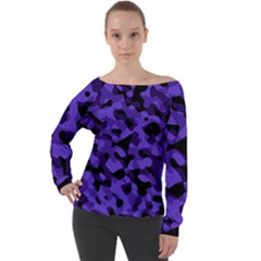 Purple Black Camouflage Pattern Off Shoulder Long Sleeve Velour Top by SpinnyChairDesigns