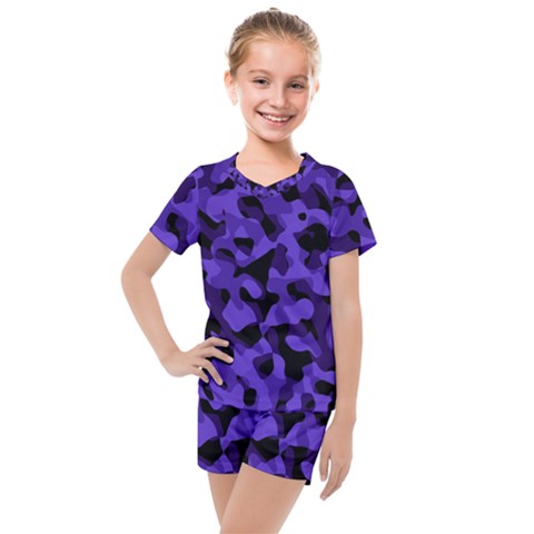 Purple Black Camouflage Pattern Kids  Mesh Tee And Shorts Set by SpinnyChairDesigns