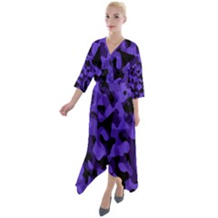 Purple Black Camouflage Pattern Quarter Sleeve Wrap Front Maxi Dress by SpinnyChairDesigns