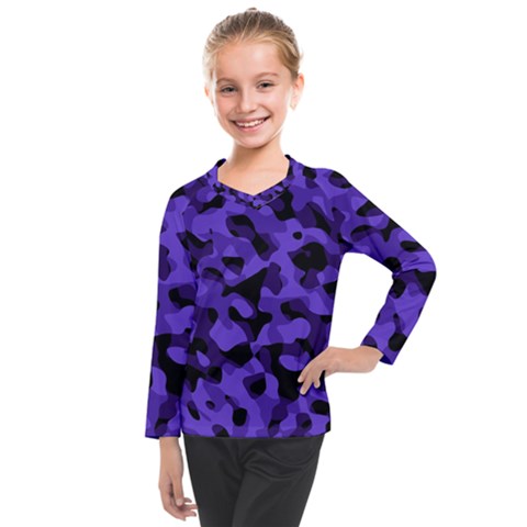 Purple Black Camouflage Pattern Kids  Long Mesh Tee by SpinnyChairDesigns