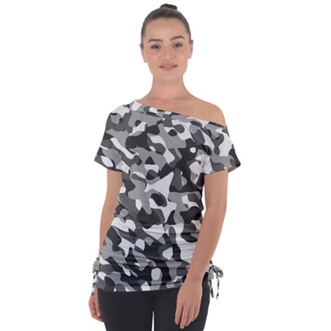 Grey And White Camouflage Pattern Tie-up Tee by SpinnyChairDesigns