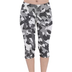 Grey And White Camouflage Pattern Velvet Capri Leggings  by SpinnyChairDesigns