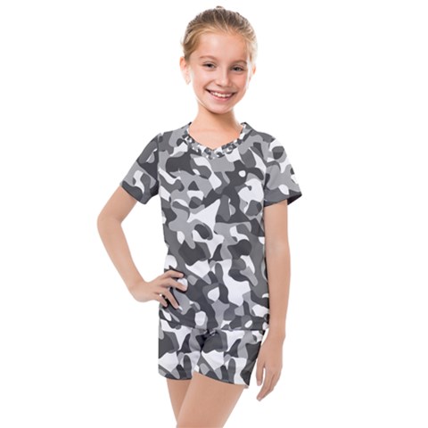 Grey And White Camouflage Pattern Kids  Mesh Tee And Shorts Set by SpinnyChairDesigns