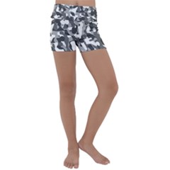 Grey And White Camouflage Pattern Kids  Lightweight Velour Yoga Shorts by SpinnyChairDesigns