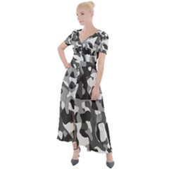 Grey And White Camouflage Pattern Button Up Short Sleeve Maxi Dress by SpinnyChairDesigns