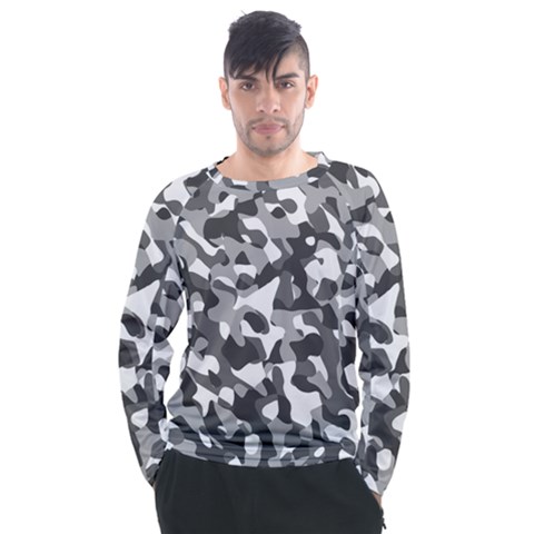 Grey And White Camouflage Pattern Men s Long Sleeve Raglan Tee by SpinnyChairDesigns