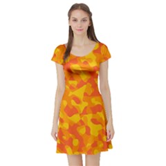 Orange And Yellow Camouflage Pattern Short Sleeve Skater Dress by SpinnyChairDesigns