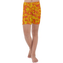 Orange And Yellow Camouflage Pattern Kids  Lightweight Velour Capri Yoga Leggings by SpinnyChairDesigns