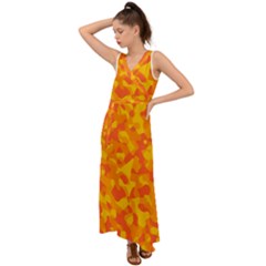 Orange And Yellow Camouflage Pattern V-neck Chiffon Maxi Dress by SpinnyChairDesigns