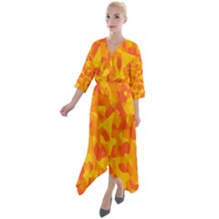 Orange And Yellow Camouflage Pattern Quarter Sleeve Wrap Front Maxi Dress by SpinnyChairDesigns