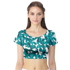 Teal And White Camouflage Pattern Short Sleeve Crop Top by SpinnyChairDesigns