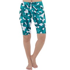 Teal And White Camouflage Pattern Cropped Leggings  by SpinnyChairDesigns