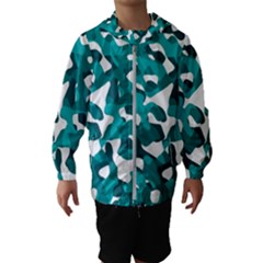 Teal And White Camouflage Pattern Kids  Hooded Windbreaker by SpinnyChairDesigns