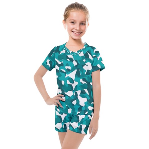 Teal And White Camouflage Pattern Kids  Mesh Tee And Shorts Set by SpinnyChairDesigns