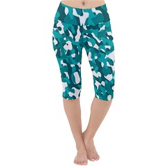 Teal And White Camouflage Pattern Lightweight Velour Cropped Yoga Leggings by SpinnyChairDesigns