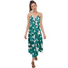 Teal And White Camouflage Pattern Halter Tie Back Dress  by SpinnyChairDesigns