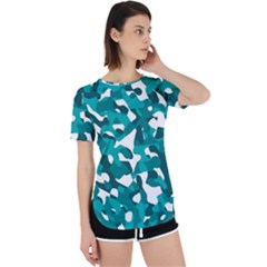 Teal And White Camouflage Pattern Perpetual Short Sleeve T-shirt by SpinnyChairDesigns