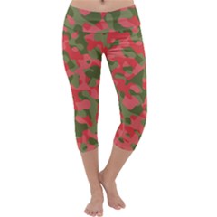 Pink And Green Camouflage Pattern Capri Yoga Leggings by SpinnyChairDesigns