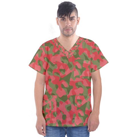 Pink And Green Camouflage Pattern Men s V-neck Scrub Top by SpinnyChairDesigns