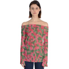 Pink And Green Camouflage Pattern Off Shoulder Long Sleeve Top by SpinnyChairDesigns