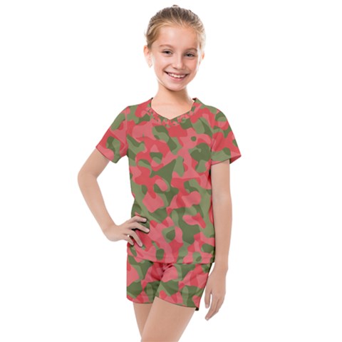 Pink And Green Camouflage Pattern Kids  Mesh Tee And Shorts Set by SpinnyChairDesigns