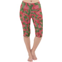 Pink And Green Camouflage Pattern Lightweight Velour Cropped Yoga Leggings by SpinnyChairDesigns