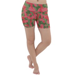 Pink And Green Camouflage Pattern Lightweight Velour Yoga Shorts by SpinnyChairDesigns