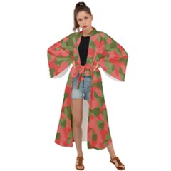 Pink And Green Camouflage Pattern Maxi Kimono by SpinnyChairDesigns