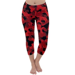 Red And Black Camouflage Pattern Capri Winter Leggings  by SpinnyChairDesigns