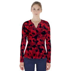 Red And Black Camouflage Pattern V-neck Long Sleeve Top by SpinnyChairDesigns