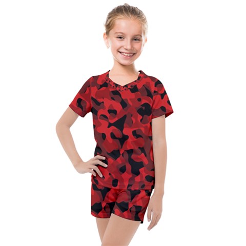 Red And Black Camouflage Pattern Kids  Mesh Tee And Shorts Set by SpinnyChairDesigns