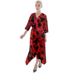 Red And Black Camouflage Pattern Quarter Sleeve Wrap Front Maxi Dress by SpinnyChairDesigns