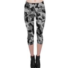 Grey And Black Camouflage Pattern Capri Leggings  by SpinnyChairDesigns