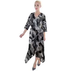 Grey And Black Camouflage Pattern Quarter Sleeve Wrap Front Maxi Dress by SpinnyChairDesigns