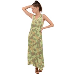 Light Green Brown Yellow Camouflage Pattern V-neck Chiffon Maxi Dress by SpinnyChairDesigns