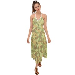 Light Green Brown Yellow Camouflage Pattern Halter Tie Back Dress  by SpinnyChairDesigns