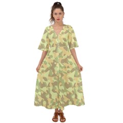 Light Green Brown Yellow Camouflage Pattern Kimono Sleeve Boho Dress by SpinnyChairDesigns